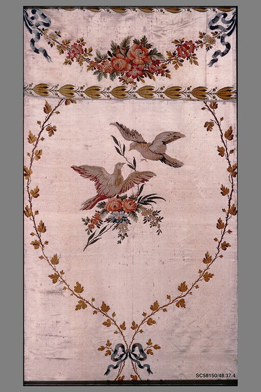 Embroidered Silk Panel with Doves and Flowers