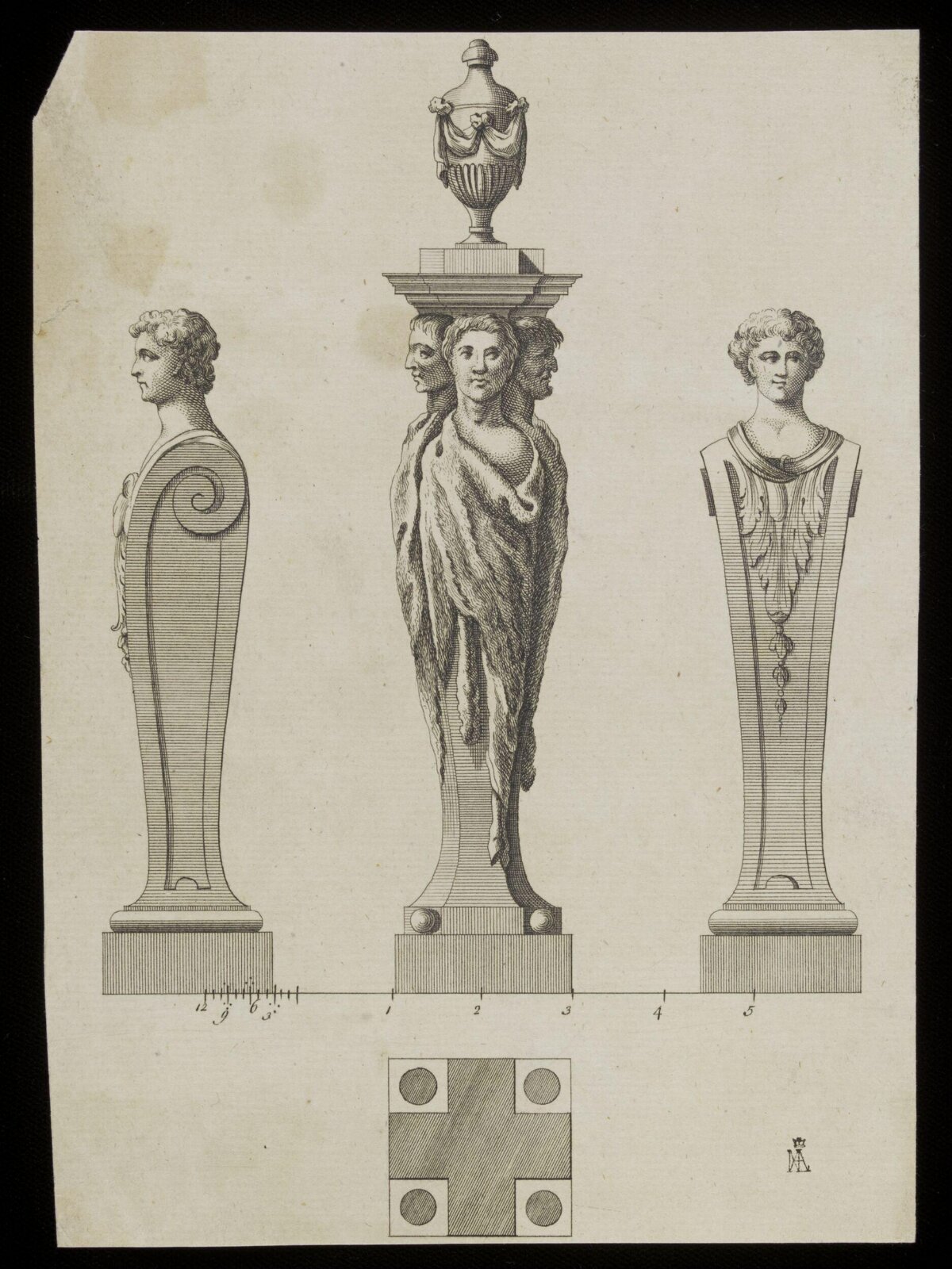 Engraving of Three Classical Term Pedestals