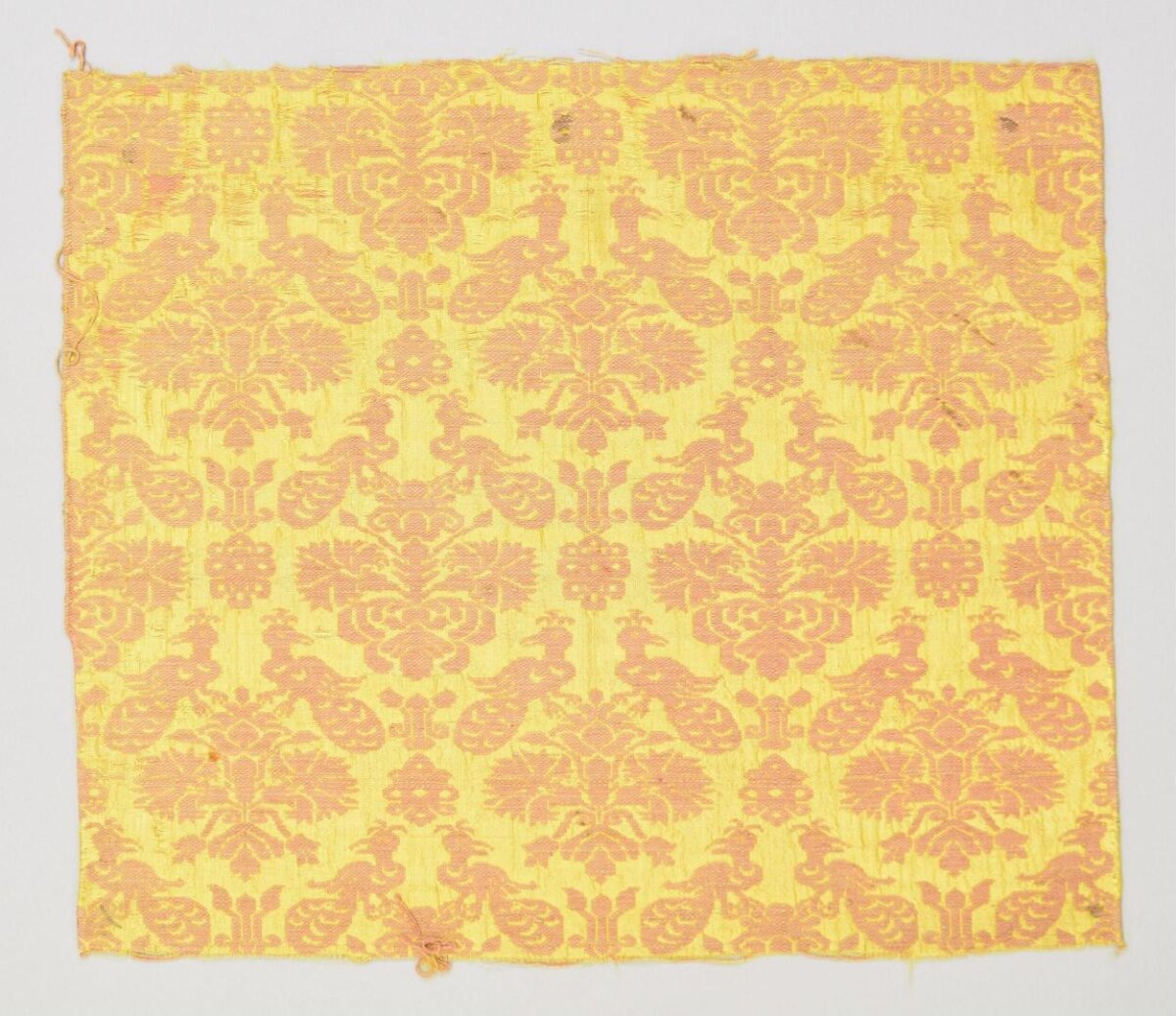 Yellow Peacock Patterned Antique Textile Fragment