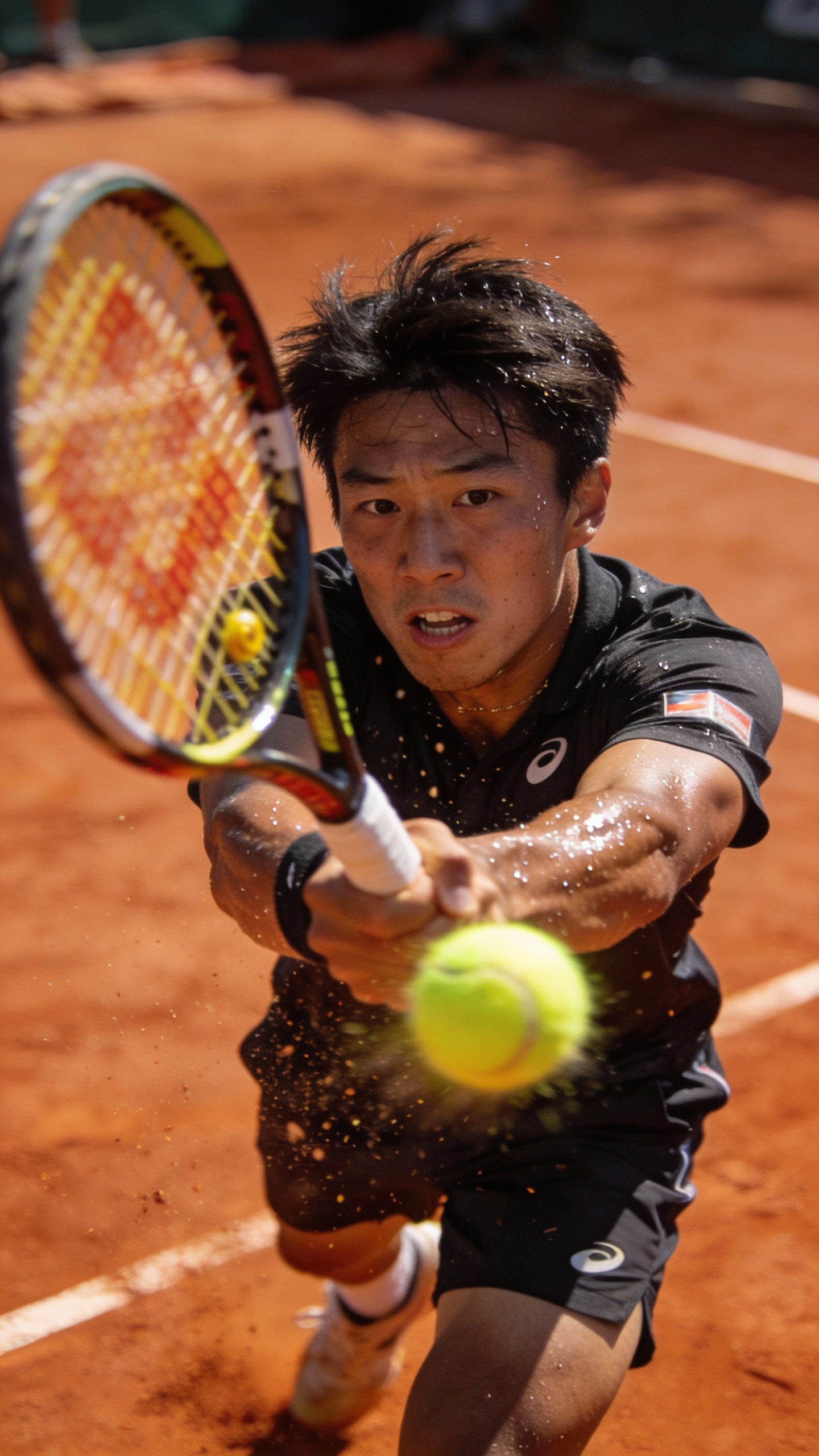 Tennis Player Hits Ball on Clay Court