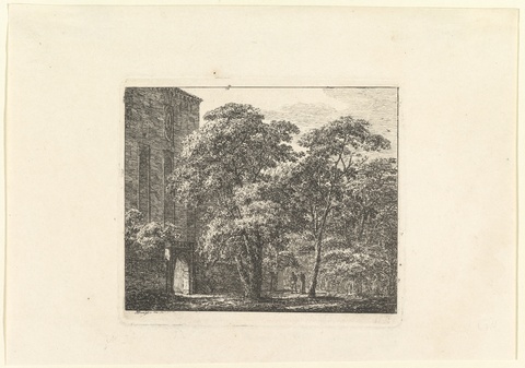 Vintage Etching of Old Building by Woods