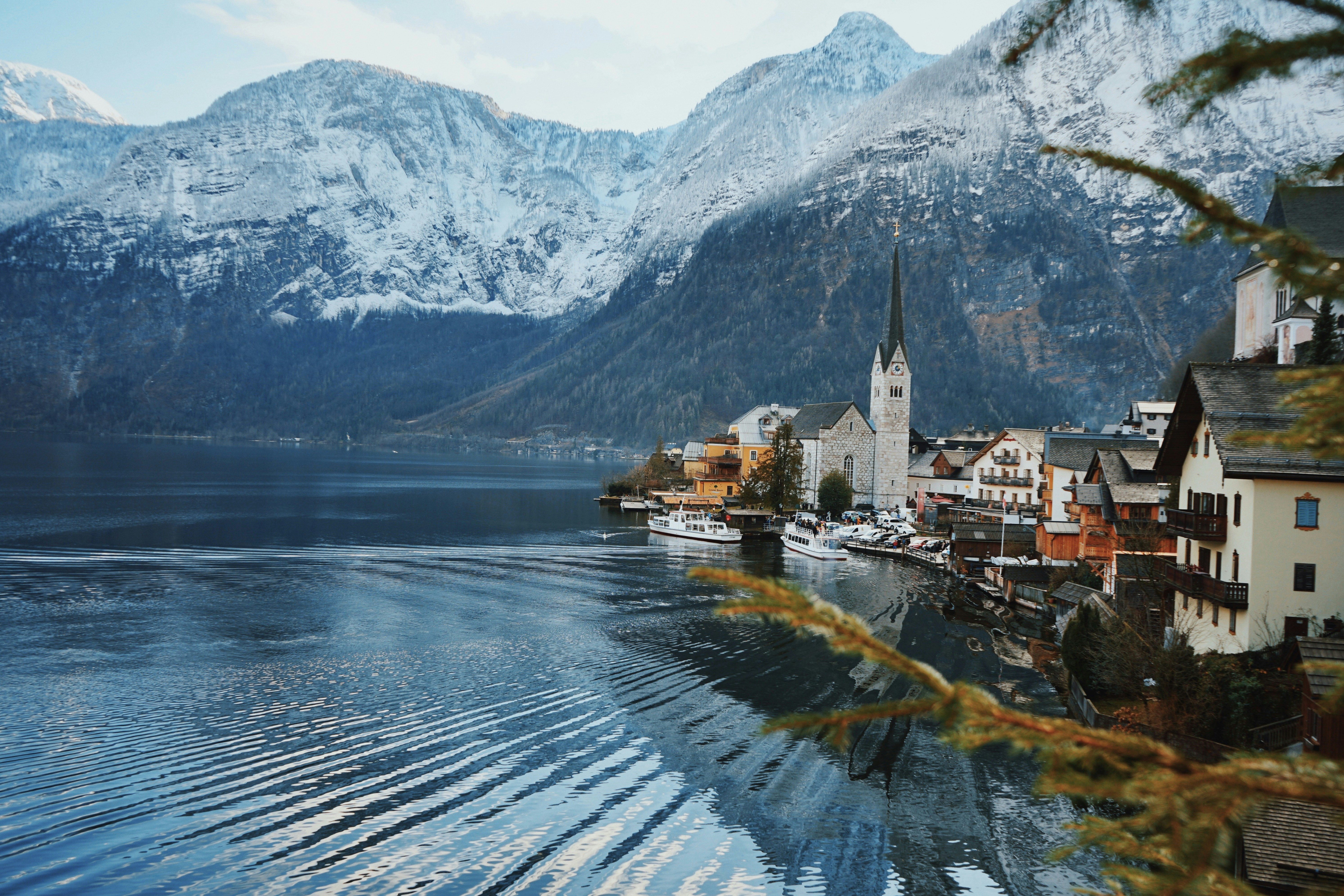 Alpine Lakeside Town Winter View
