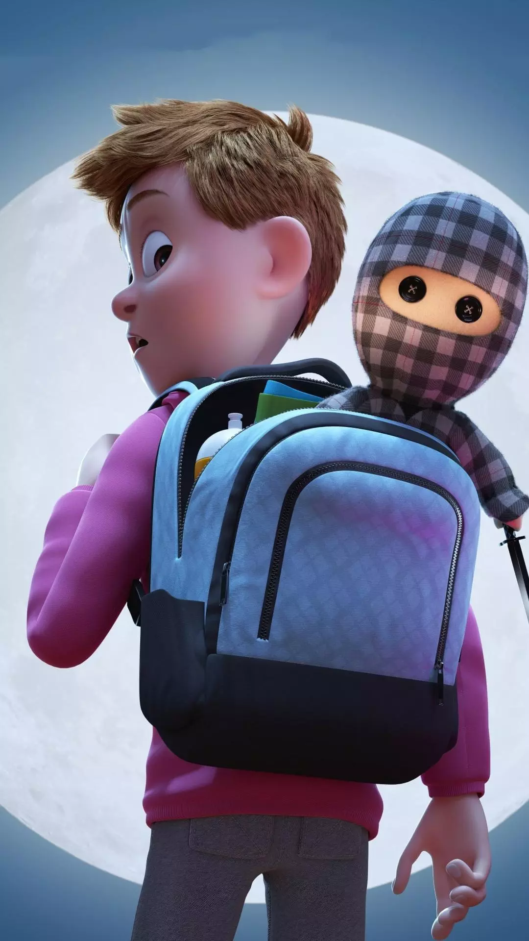 Boy with Hidden Ninja in Backpack