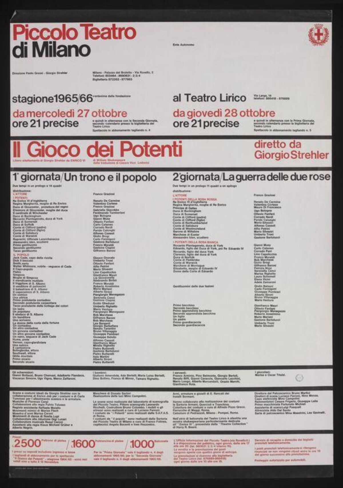 Piccolo Teatro Milano 1965 Play Poster