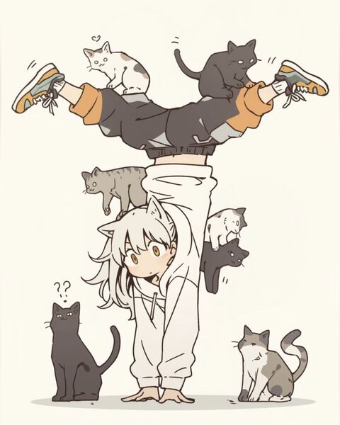 Cat Girl Handstand Surrounded By Cats
