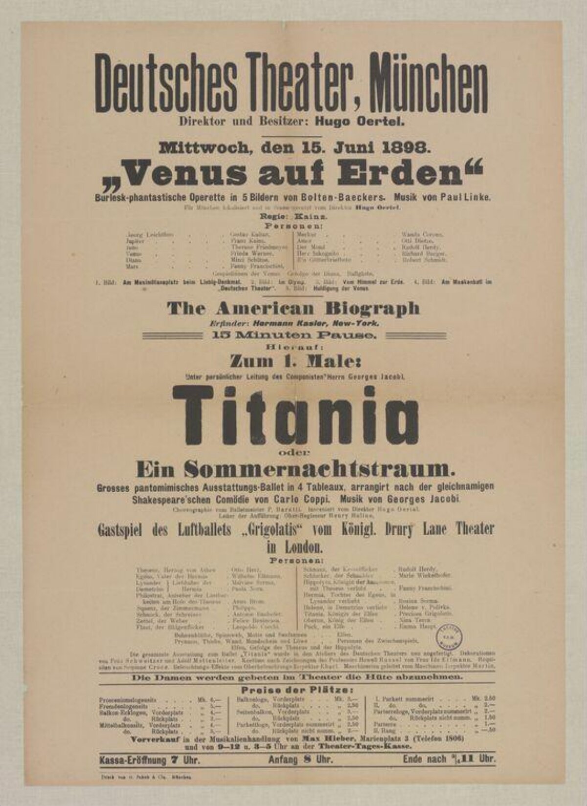 1898 Deutsches Theater Playbill