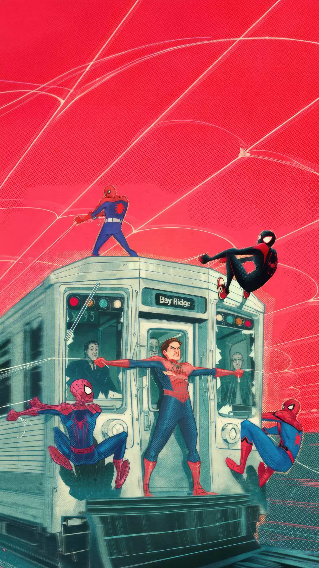 Five Spider-Men on a Subway Train