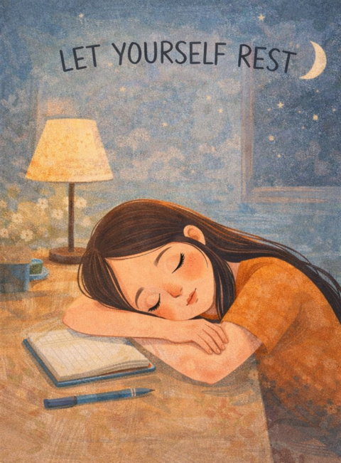 Girl Sleeping On Desk At Night