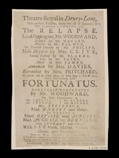 1754 Drury Lane Theatre Playbill