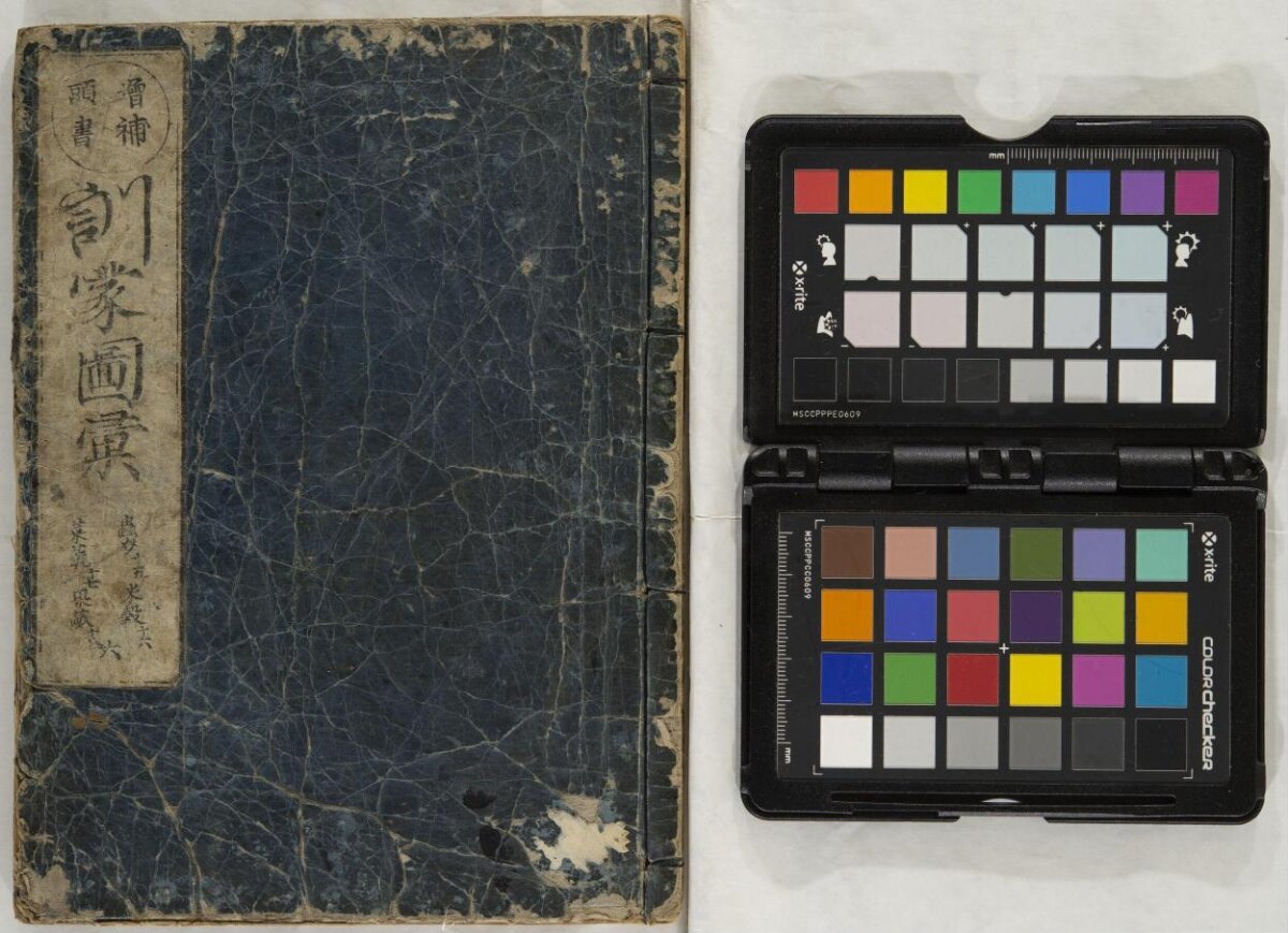 Antique book cover with color checker