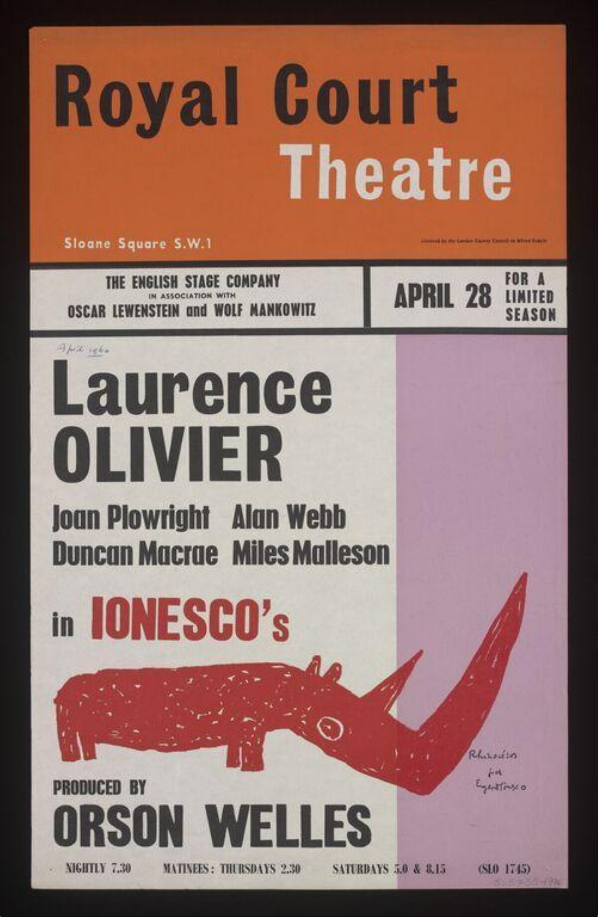 Royal Court Theatre Rhinoceros Play Poster