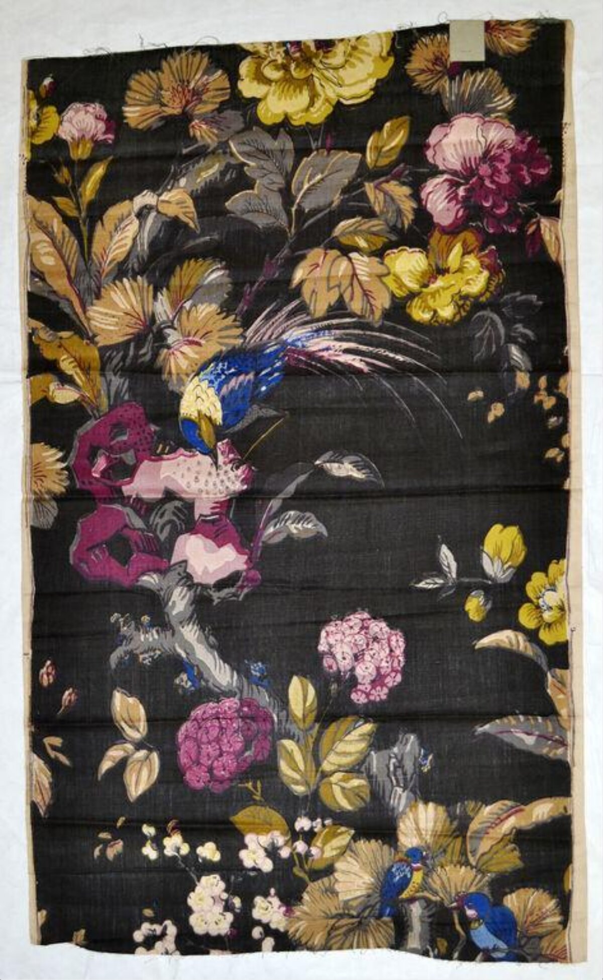 Black Background Floral Bird Textile Print