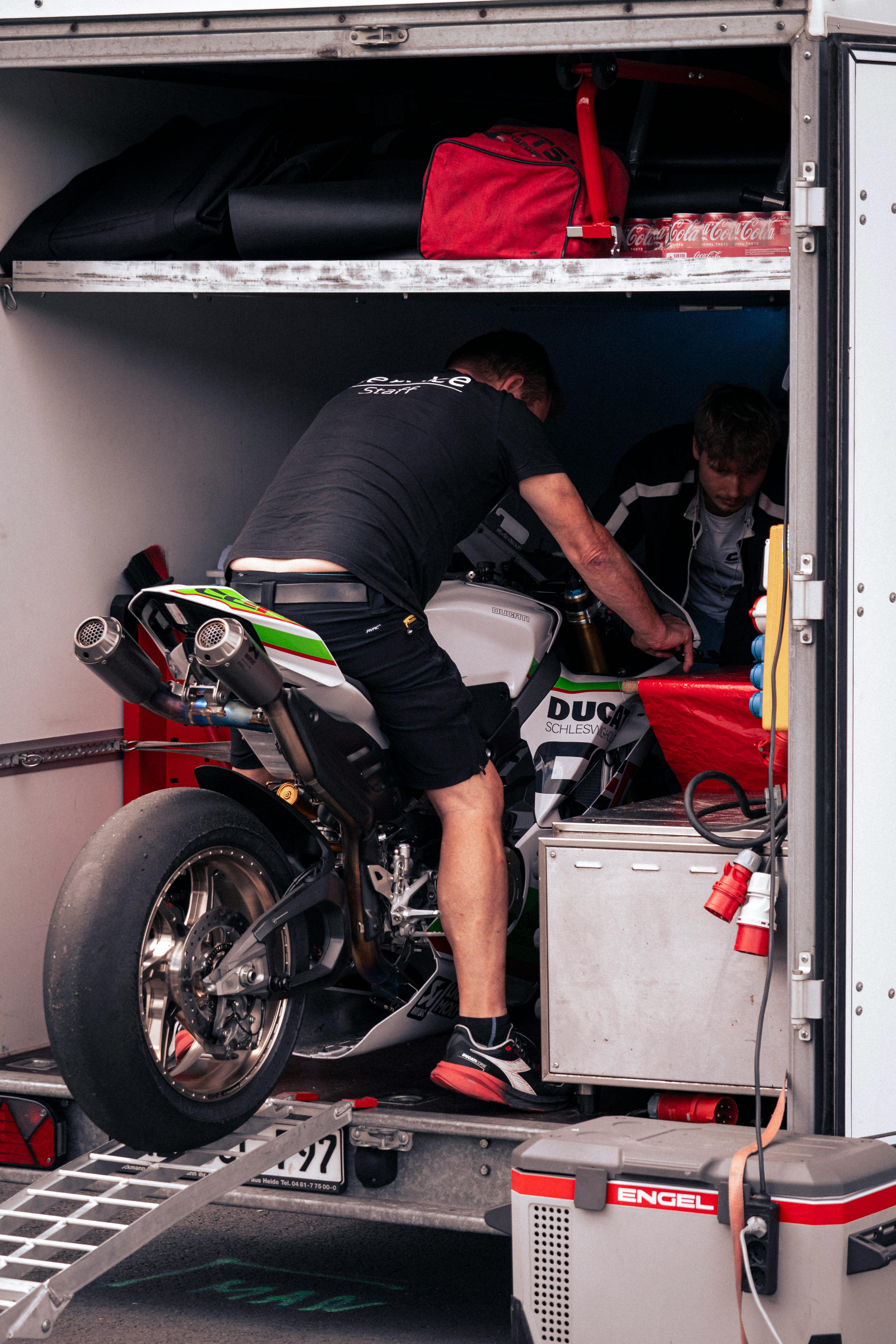 Servicing Ducati Race Bike in Transporter