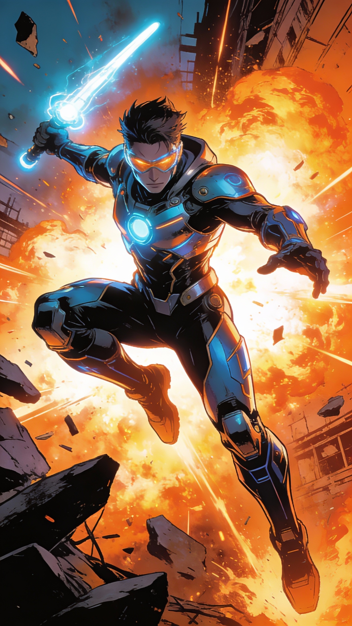Futuristic Cyborg Hero in Explosive Battle