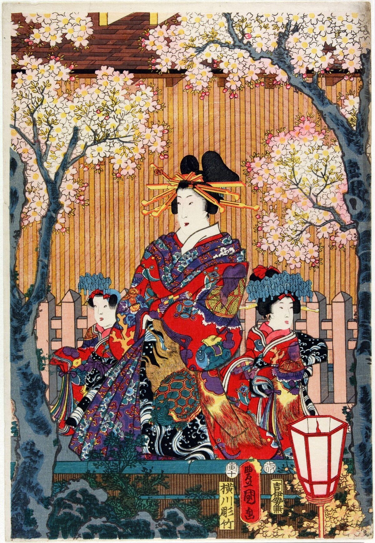 Japanese Ukiyo-e Courtesans Under Cherry Blossoms