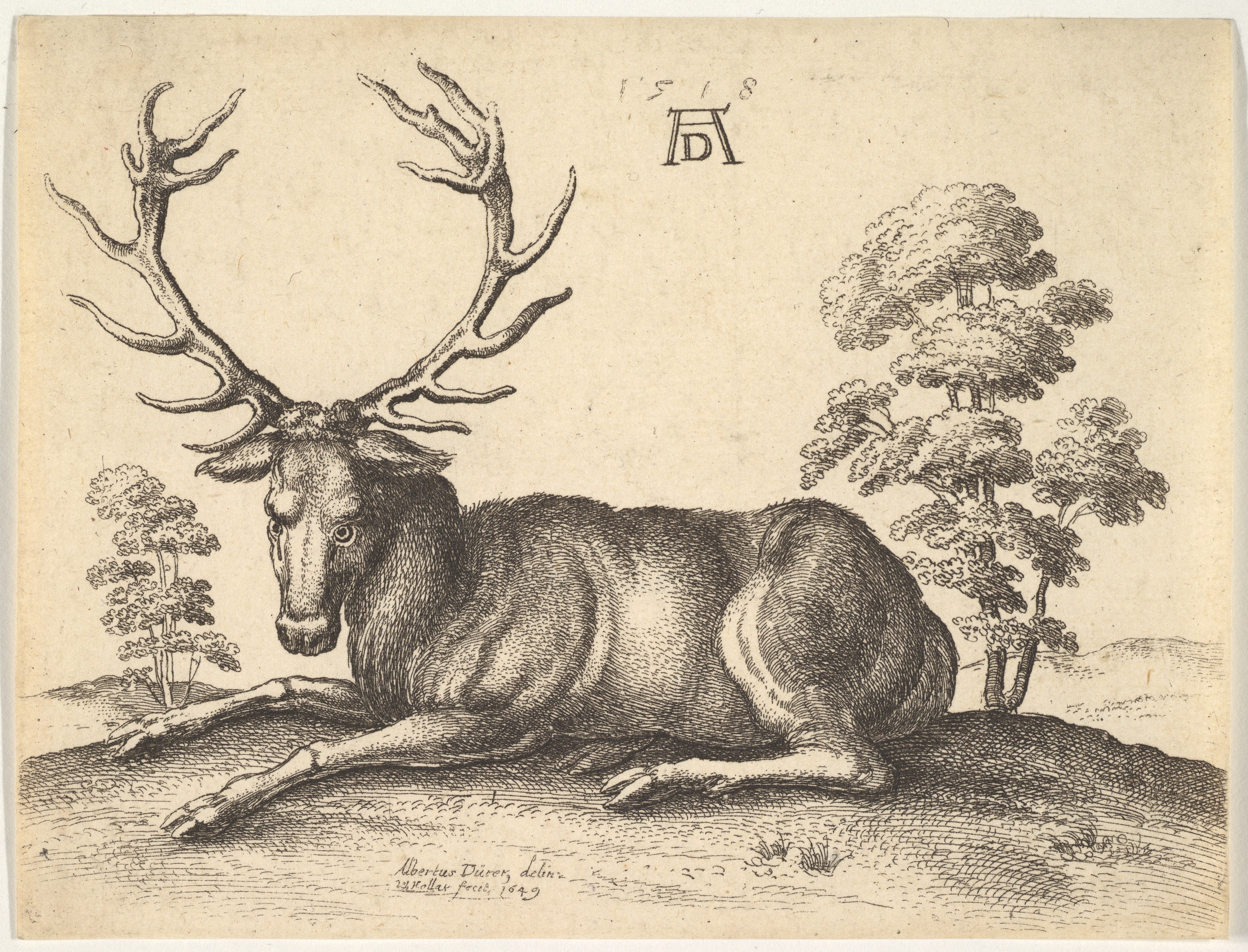 Reclining Stag Line Engraving