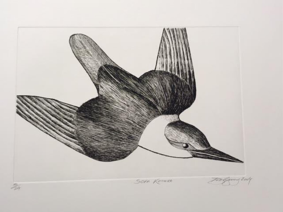 Black and White Diving Bird Etching