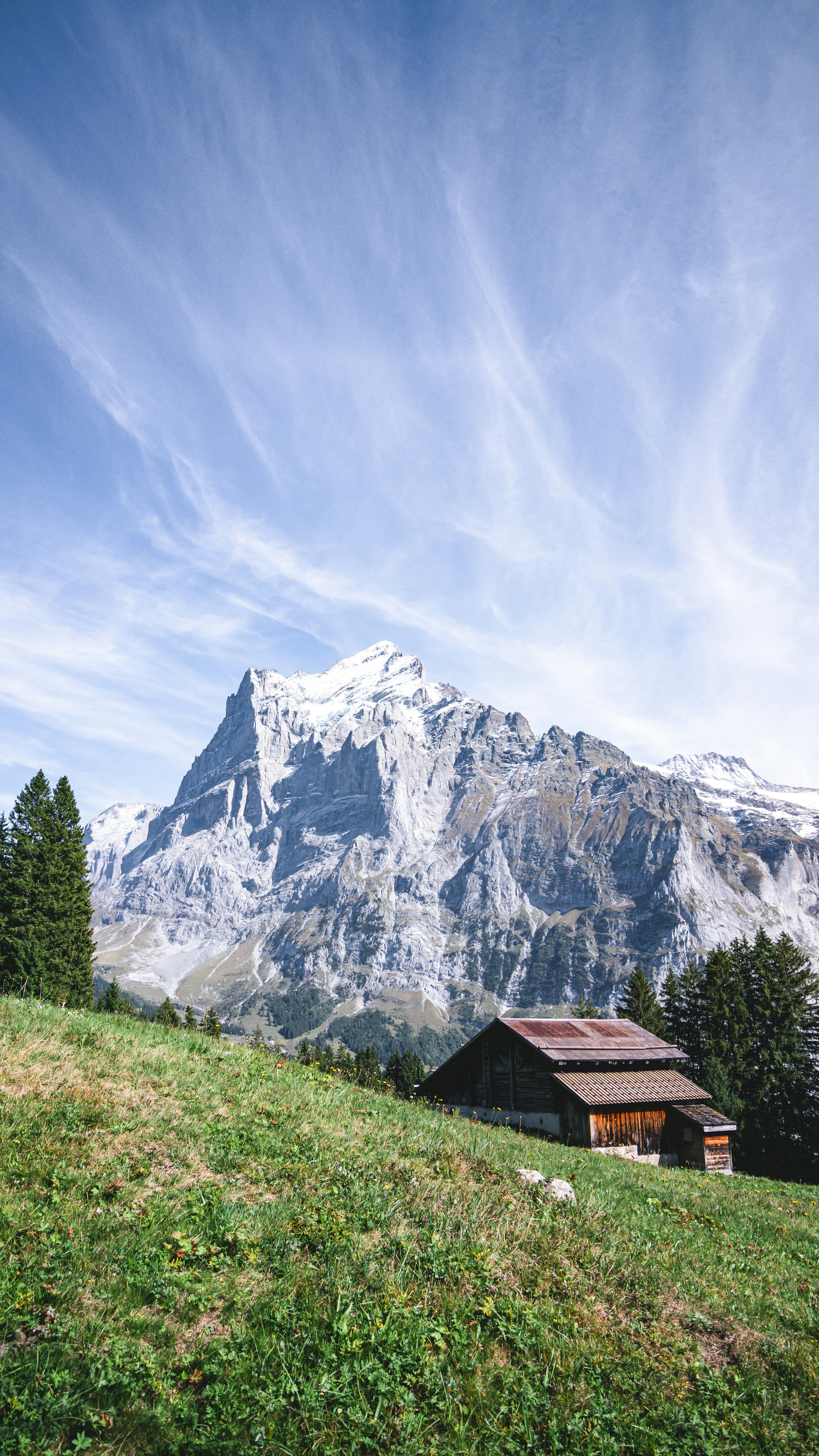Alpine Cabin and Snow Mountain Landscape