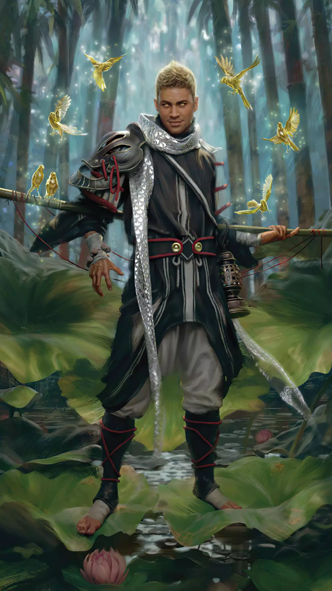 Fantasy Warrior in Bamboo Forest with Golden Birds