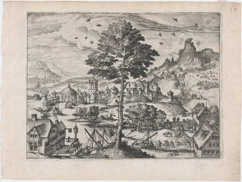 Riverside Town Landscape Etching
