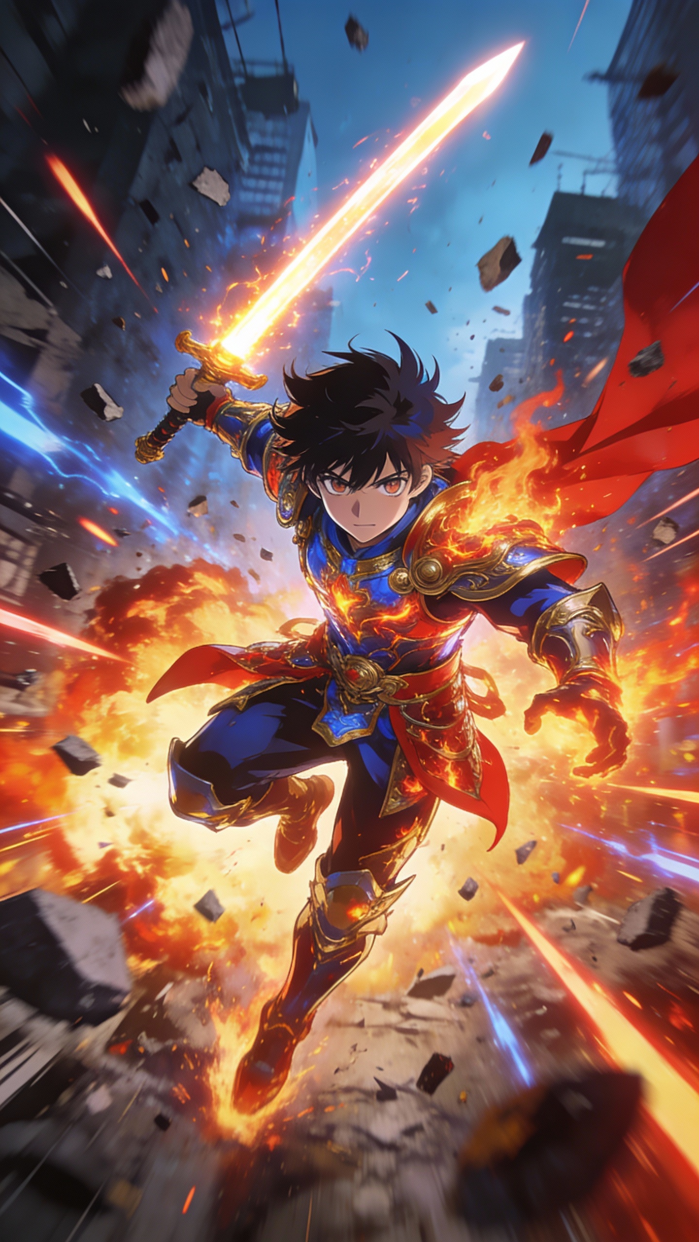 Anime Flaming Sword Warrior in Ruined City