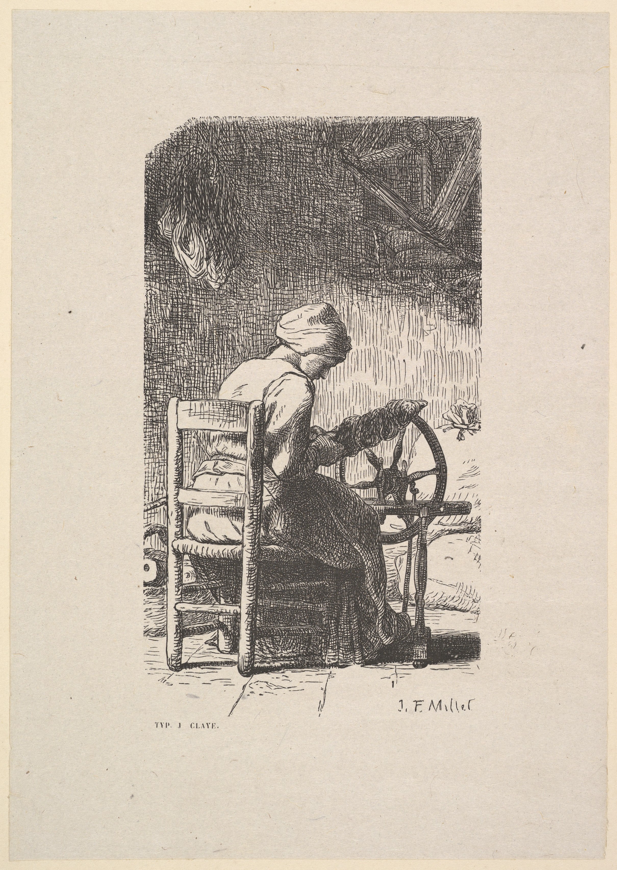 Woman Spinning at Spinning Wheel