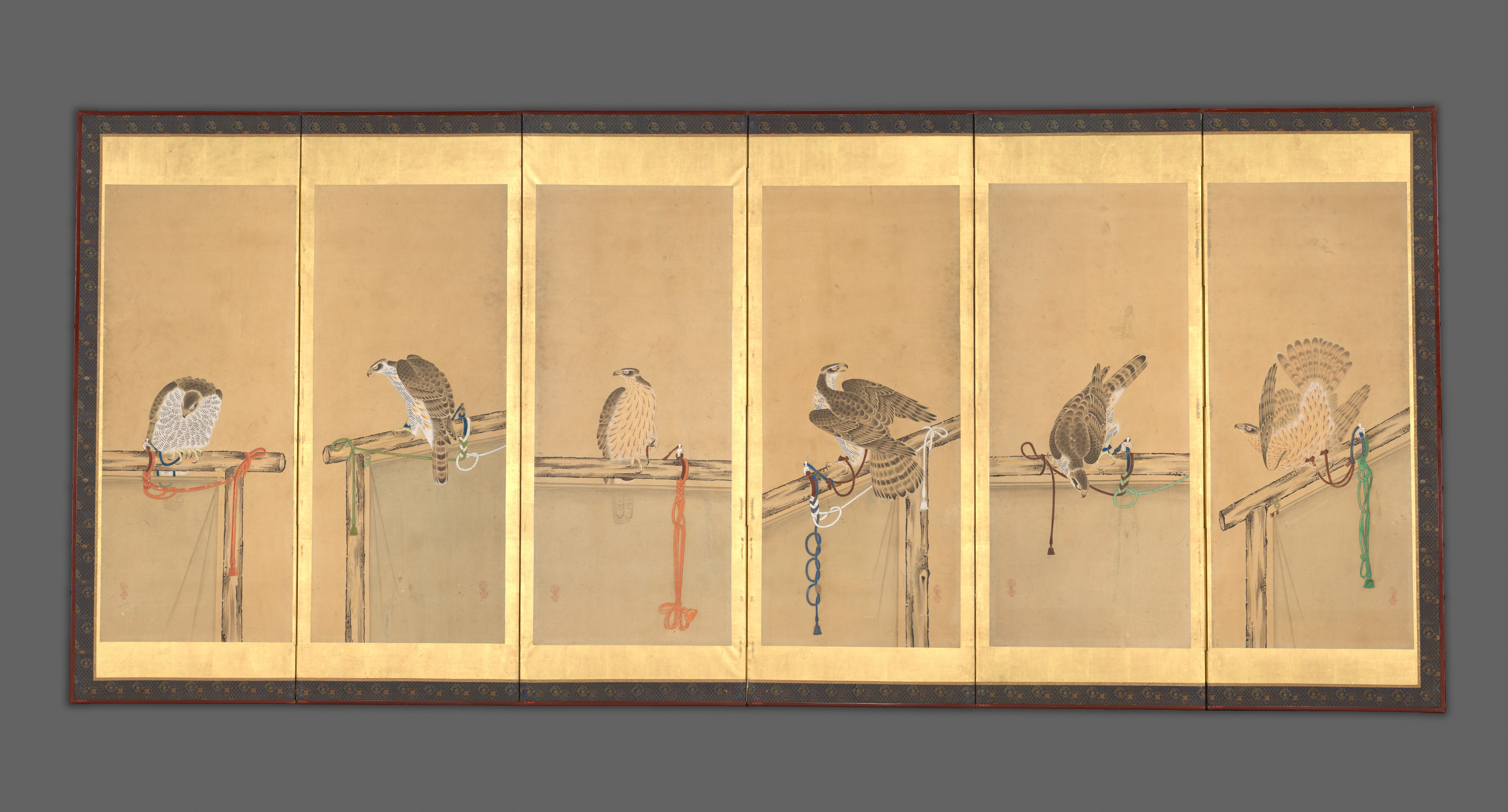 Folding Screen Painting of Tethered Hawks