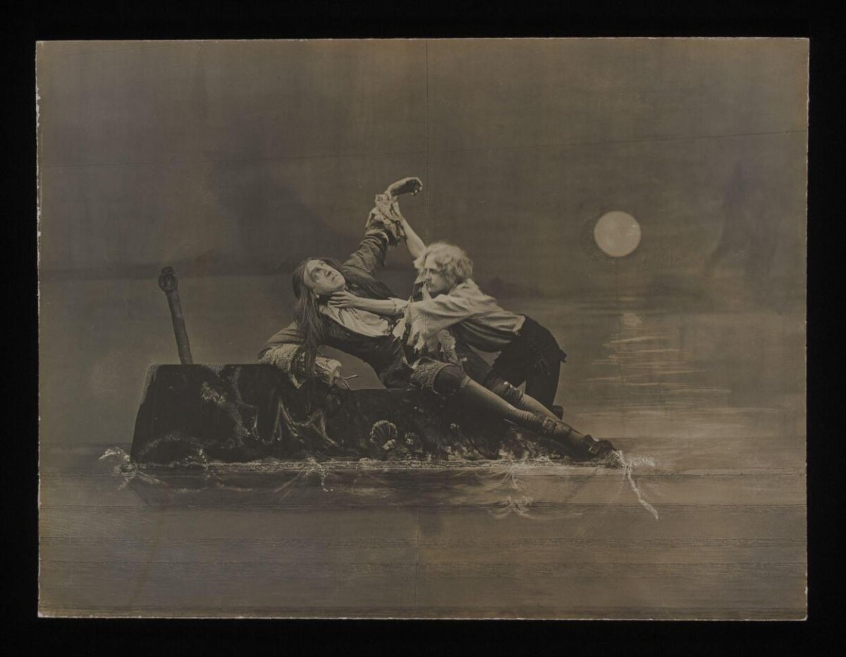 Two Men in Sinking Boat Under Moonlight