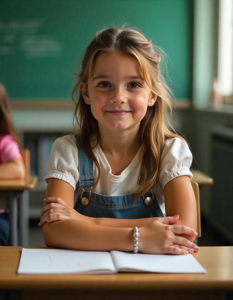 Smiling Schoolgirl at Classroom Desk