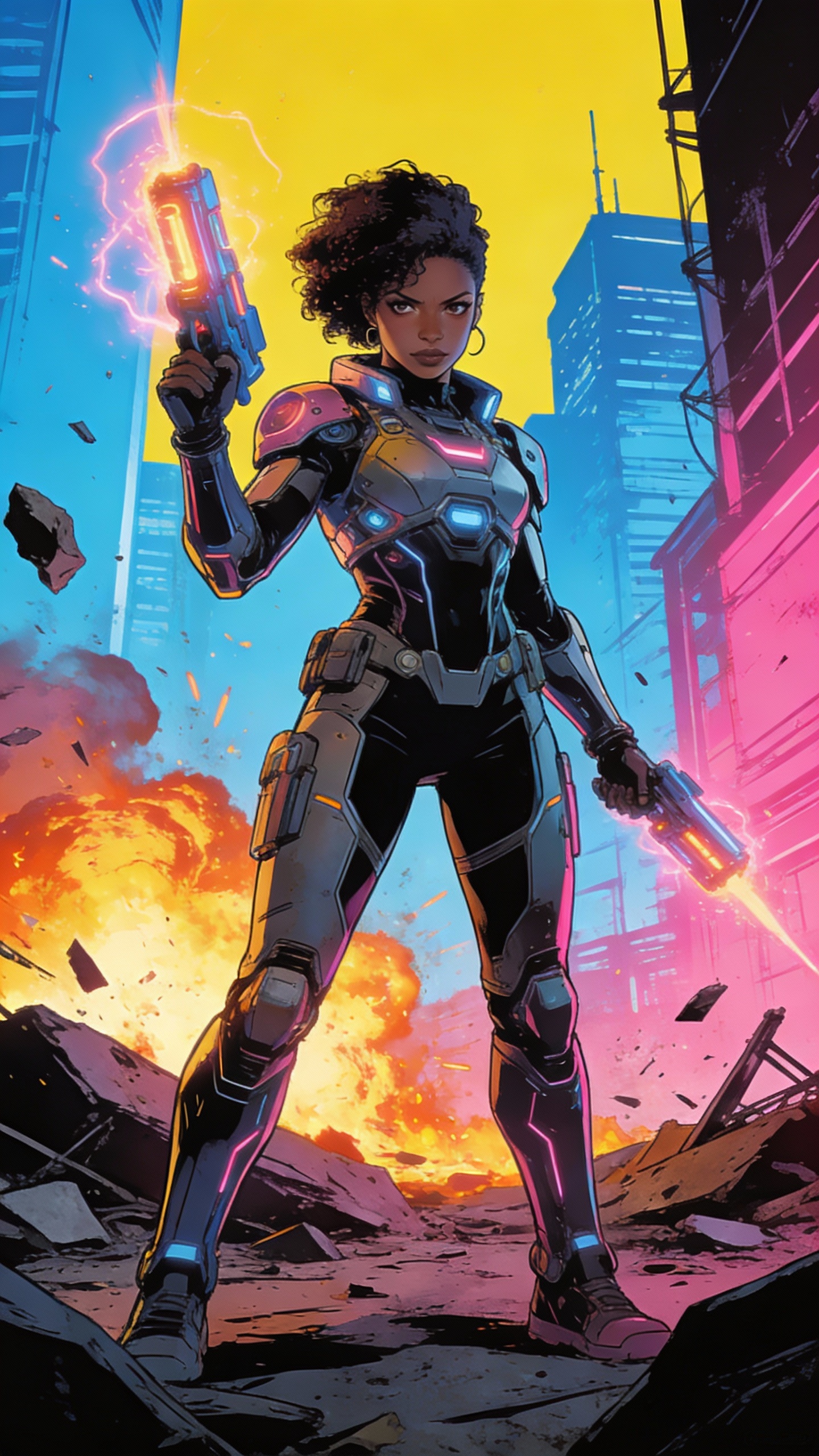 Futuristic Armed Heroine in Ruined City