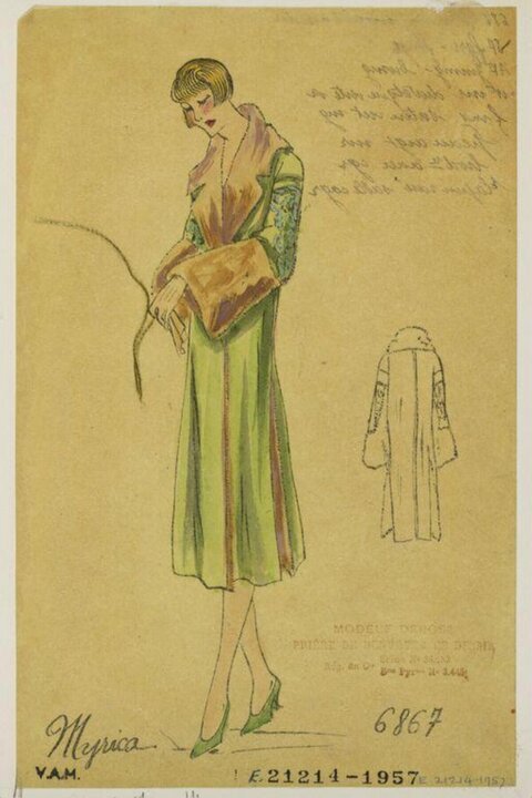 1920s Fashion Sketch of Green Coat