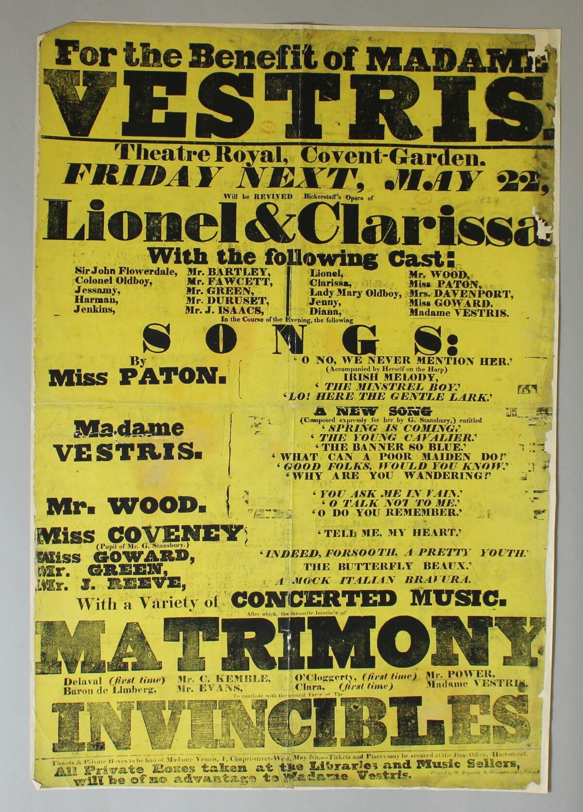Madame Vestris Theatre Benefit Poster