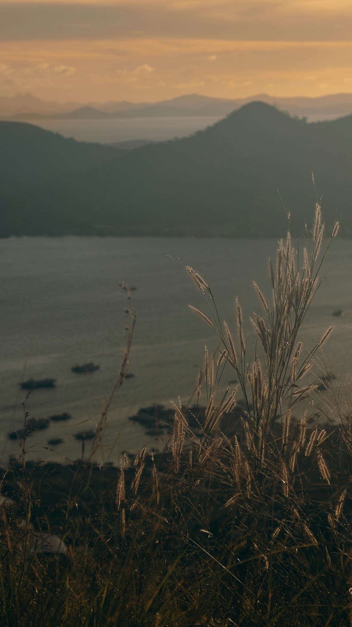 Sunset Over Lake and Mountains