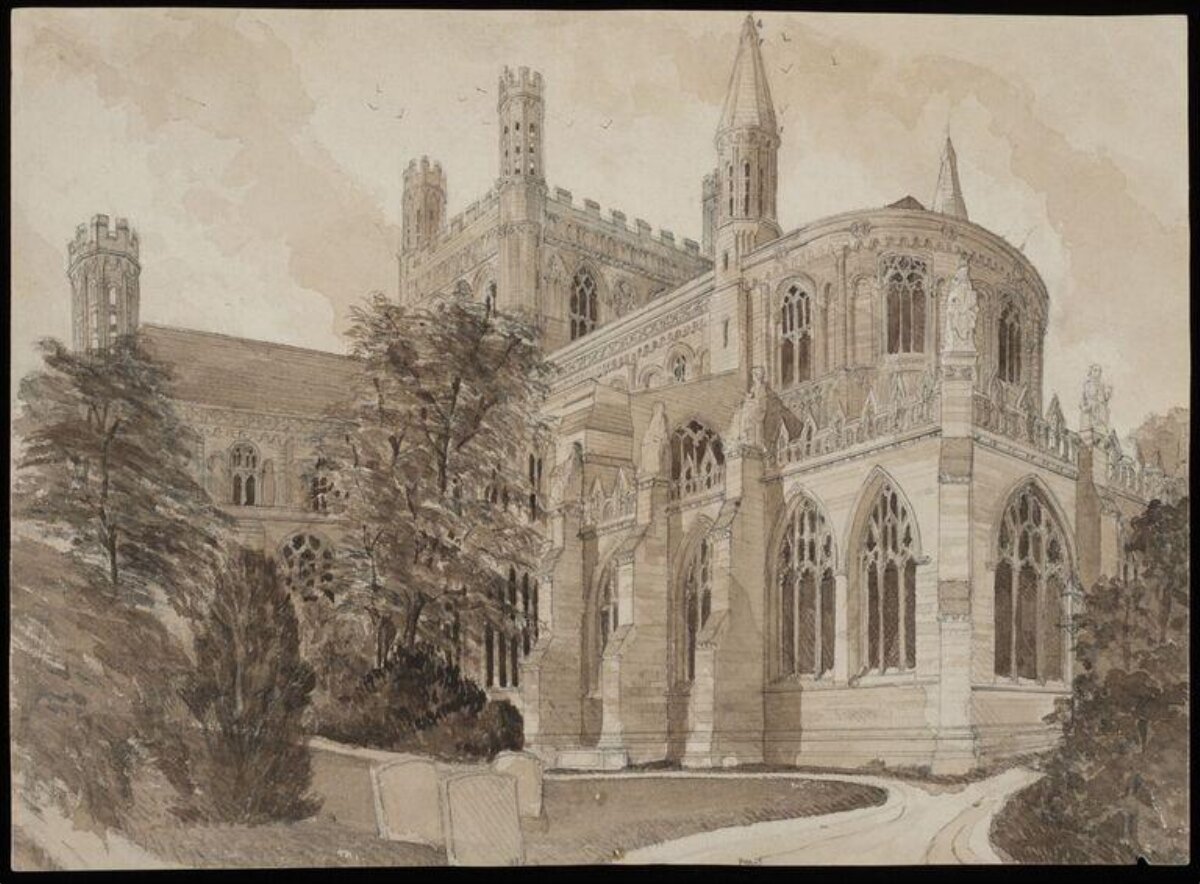Watercolor of Gothic Cathedral and Churchyard