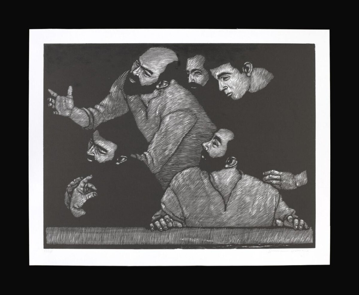 Woodcut of Five Men at Table