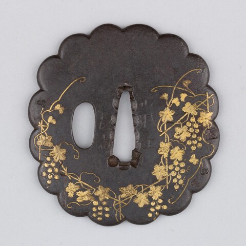 Iron Tsuba with Gilded Grapevine Pattern