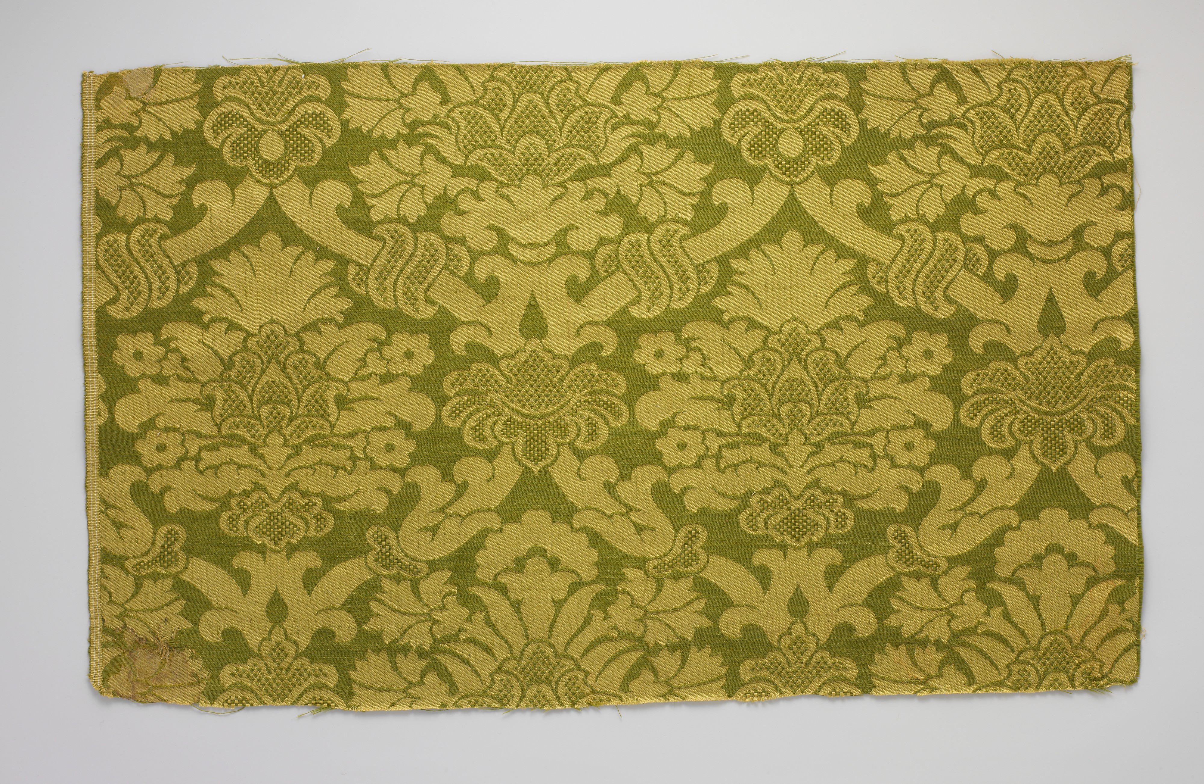 Green and Gold Damask Fabric Fragment