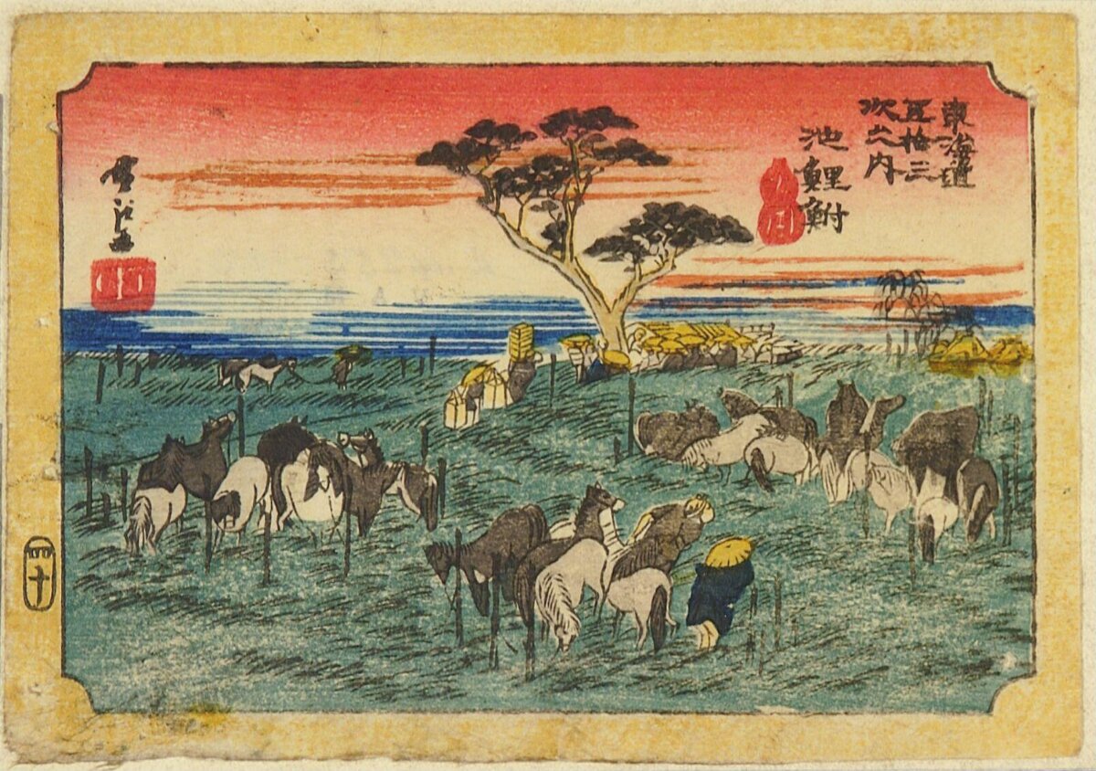 Japanese Ukiyo-e Horse Grazing Scene