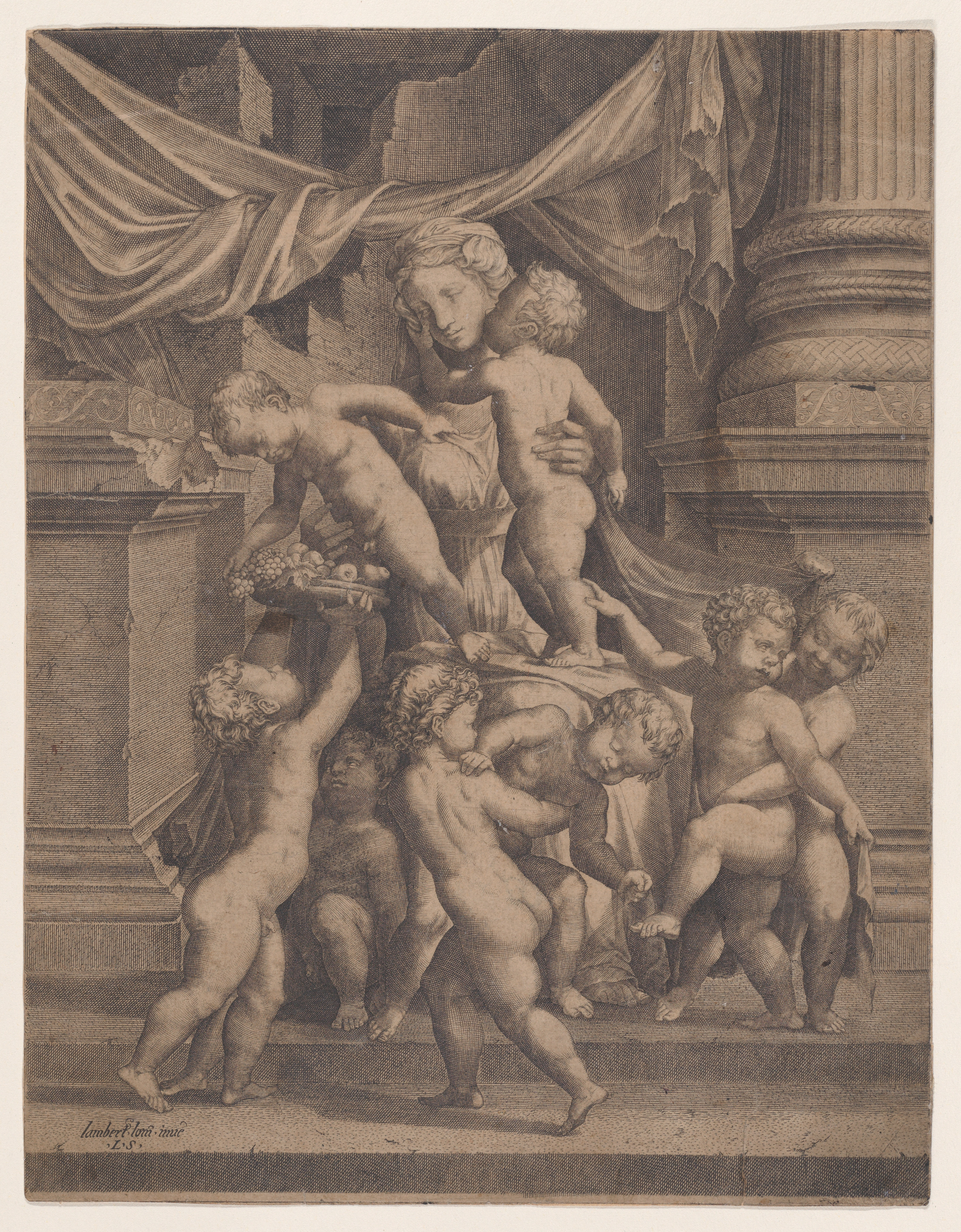 Woman Surrounded by Cherubs Antique Engraving
