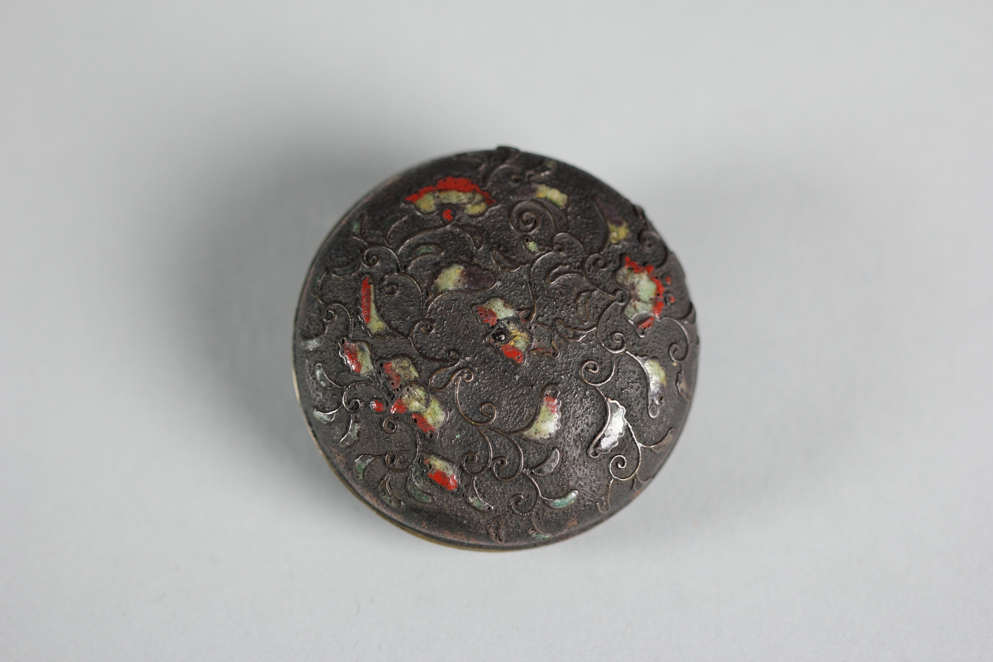Antique Enamel Carved Round Ink Box