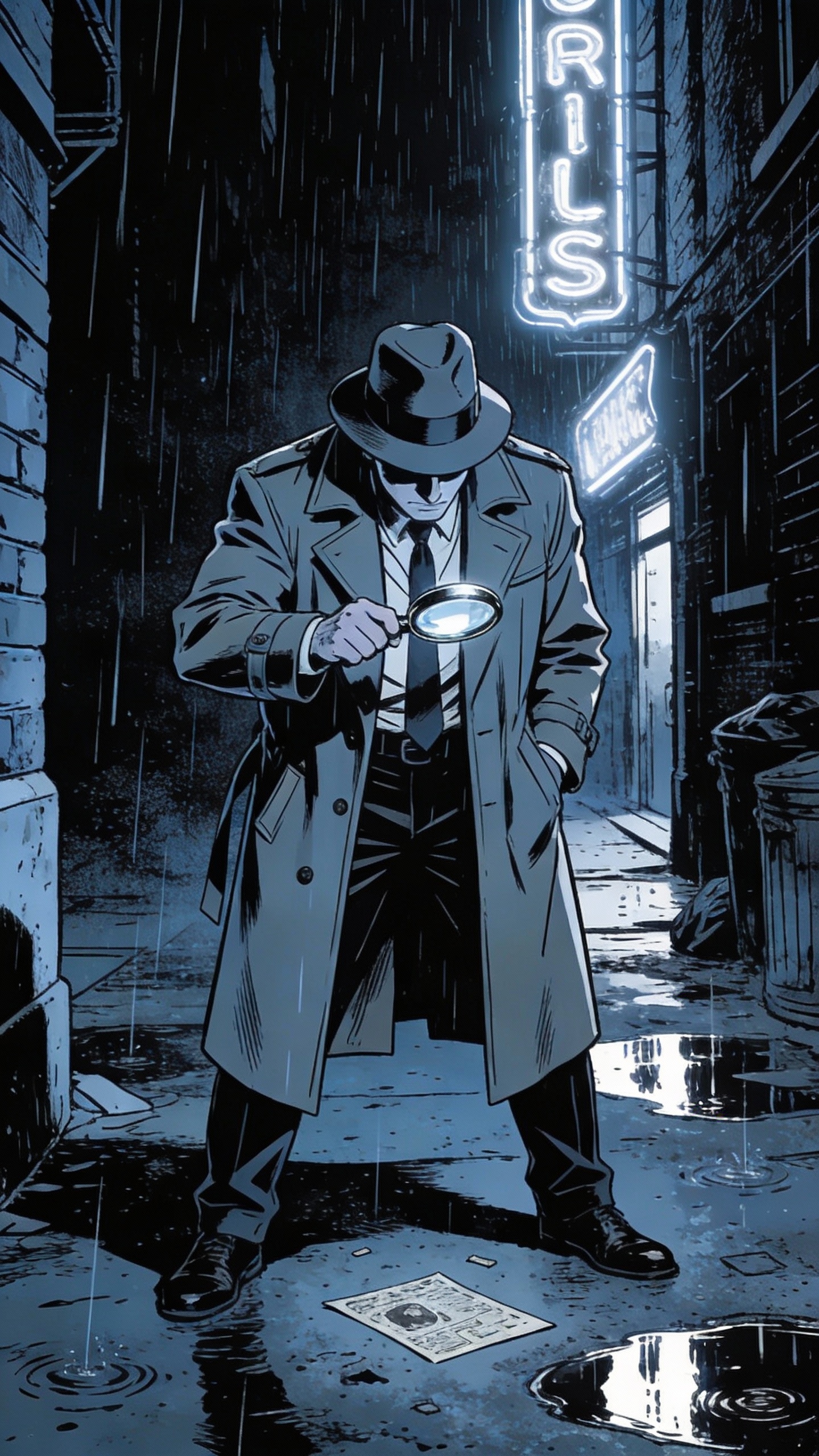 Detective Investigating Clue in Rainy Alley