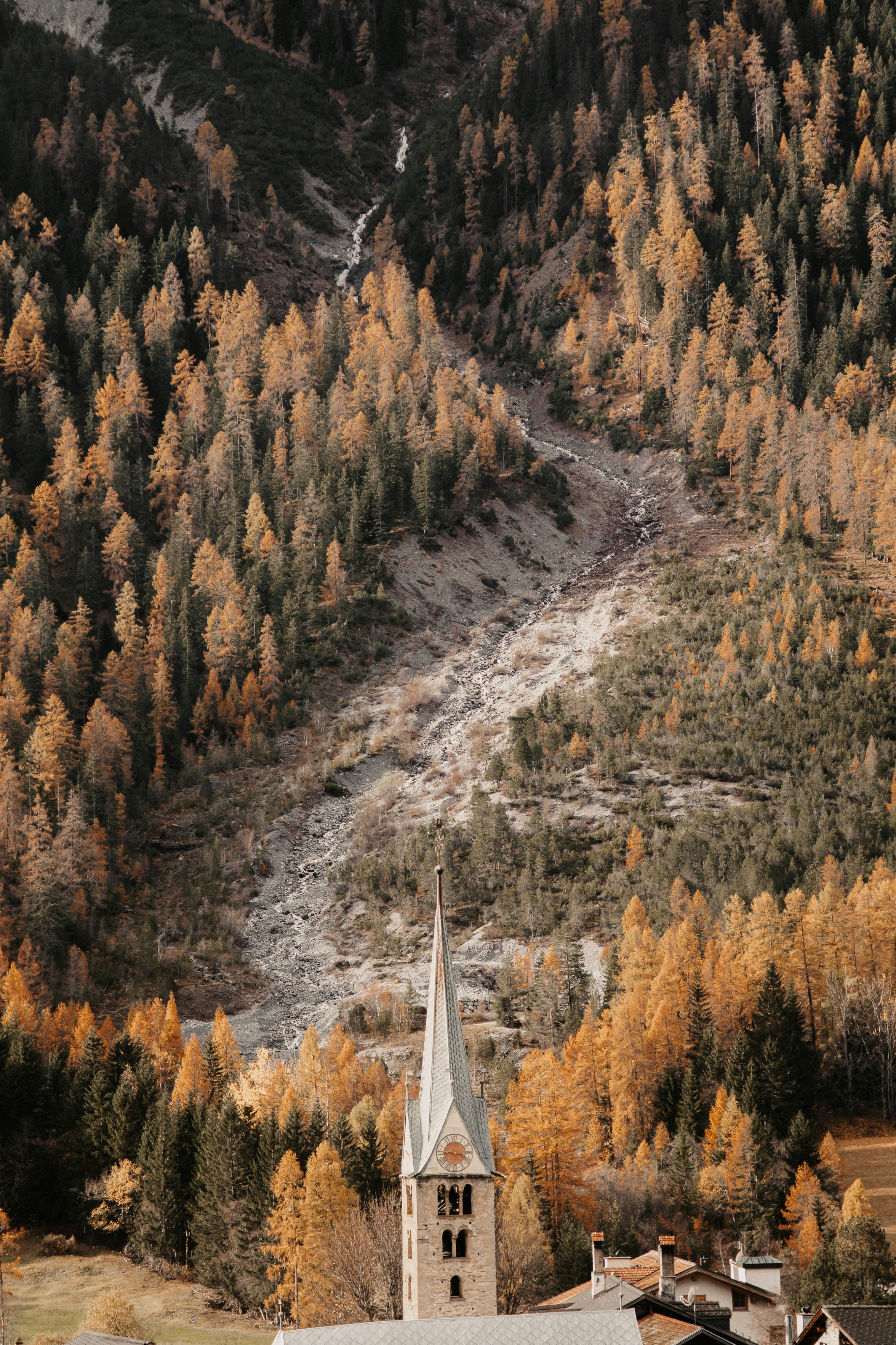 Church Steeple in Autumn Mountain Valley