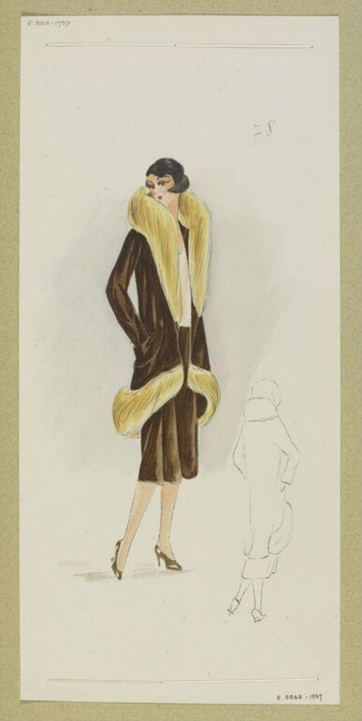 1920s Fur Trimmed Coat Fashion Sketch