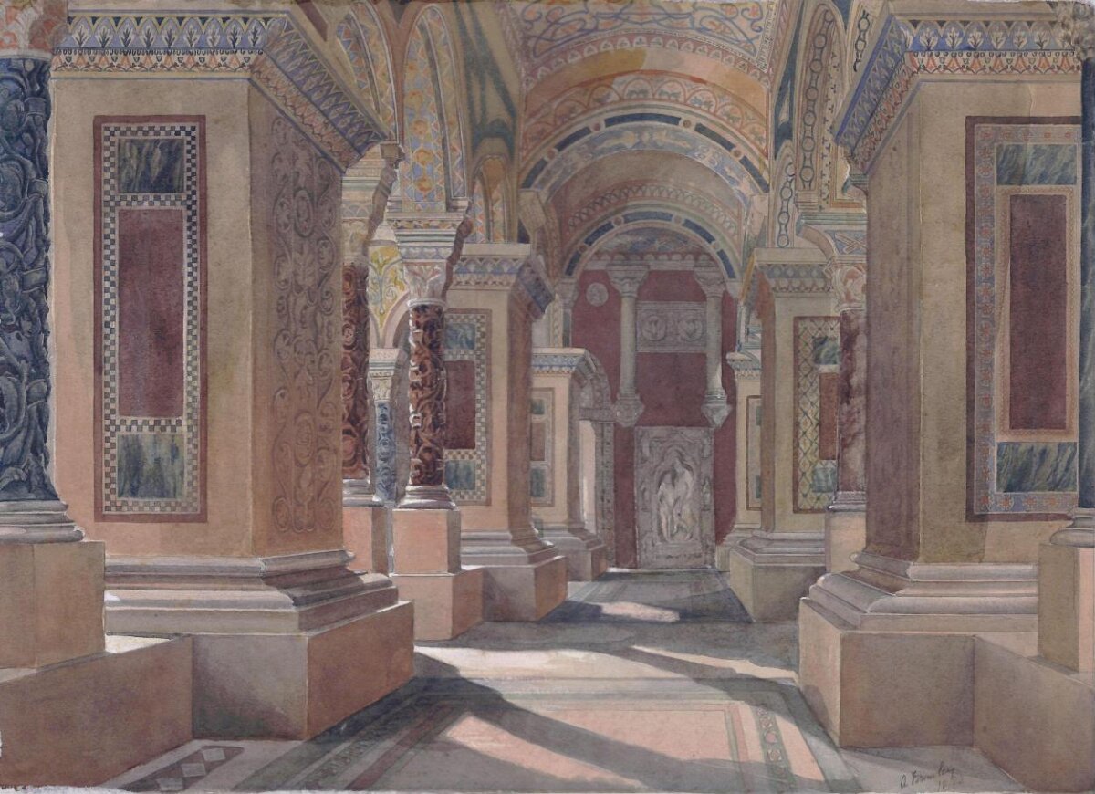 Ornate Corridor Watercolor Painting