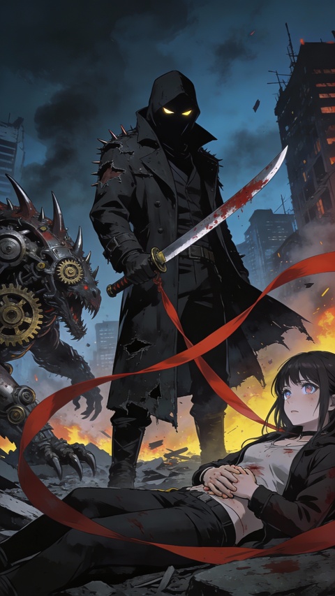 Hooded Warrior in Destroyed Burning City