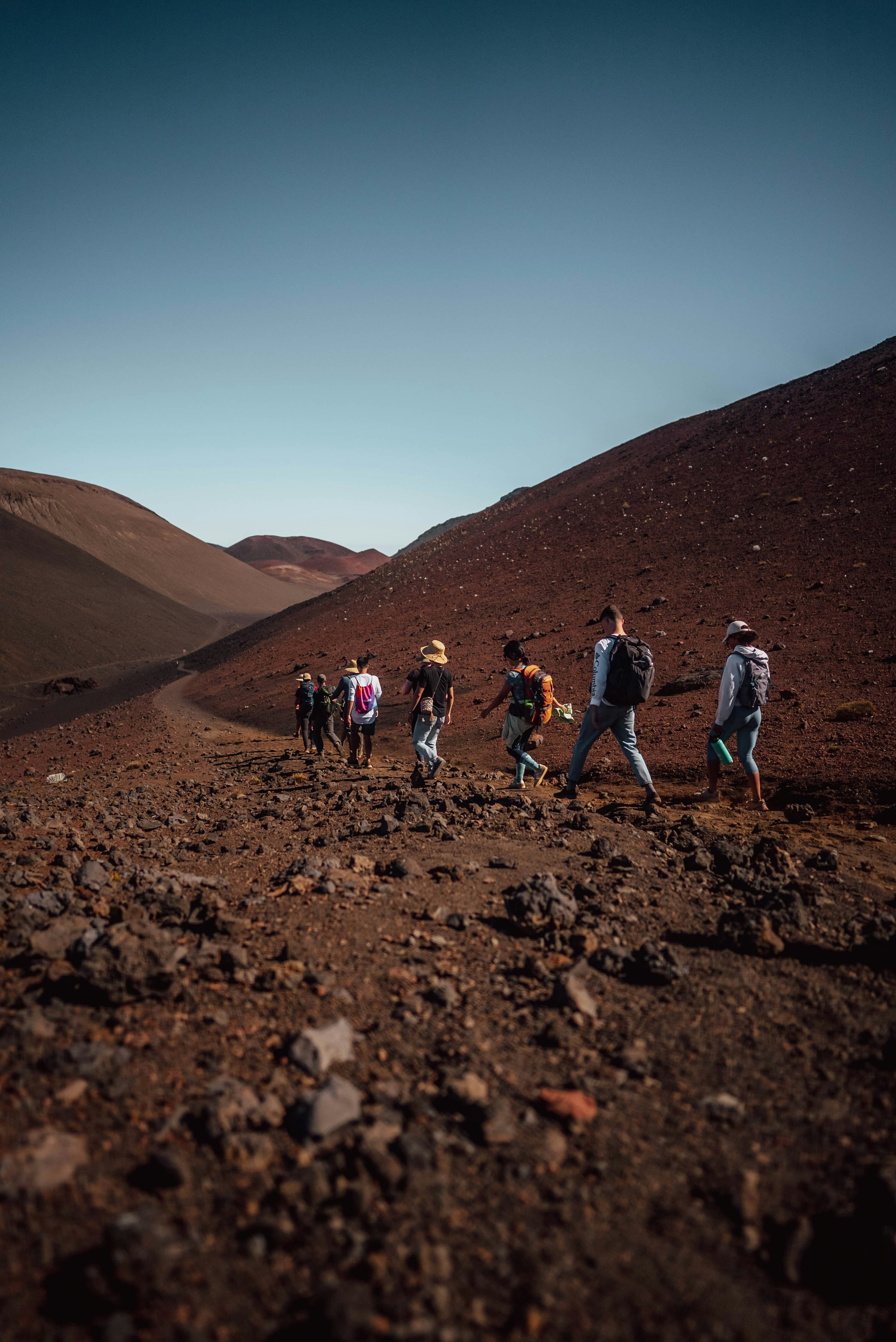 Group Hiking on Volcanic Terrain