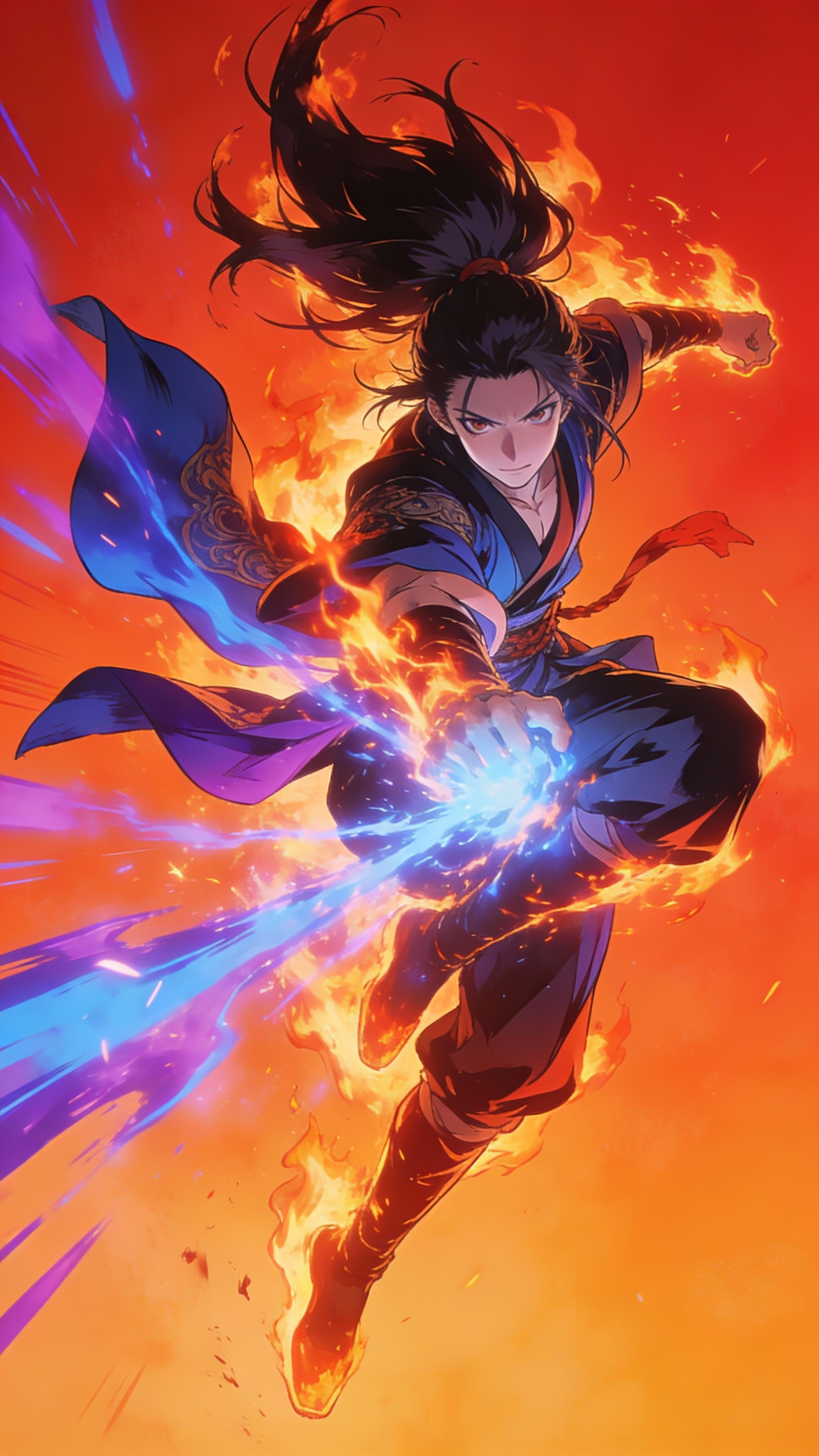 Flaming Anime Martial Warrior in Action