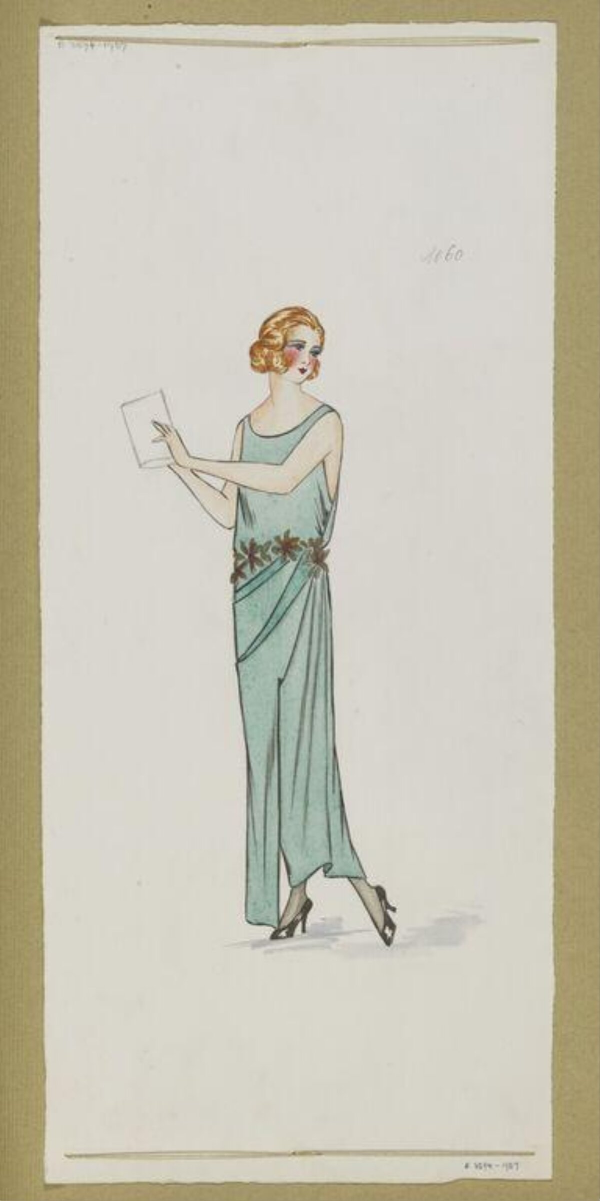 1920s Blue Evening Gown Fashion Sketch