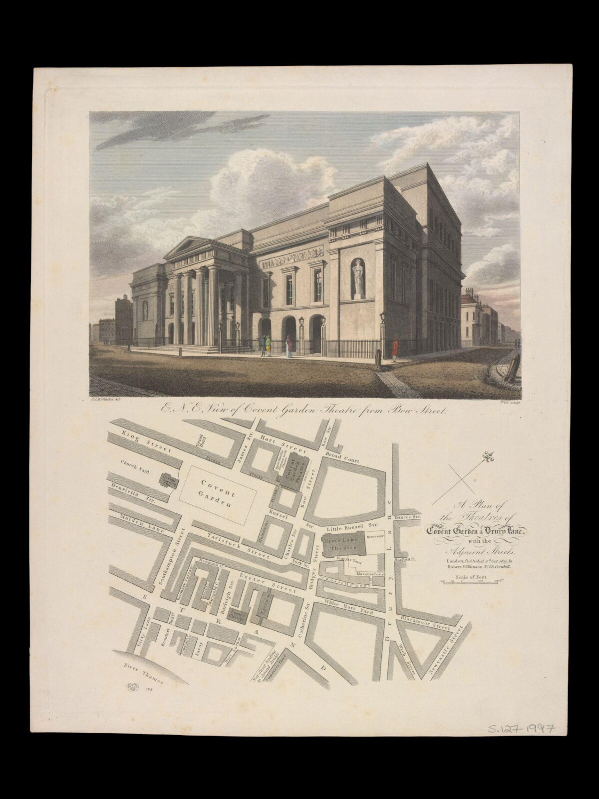 Antique Print of Covent Garden Theatre and Map