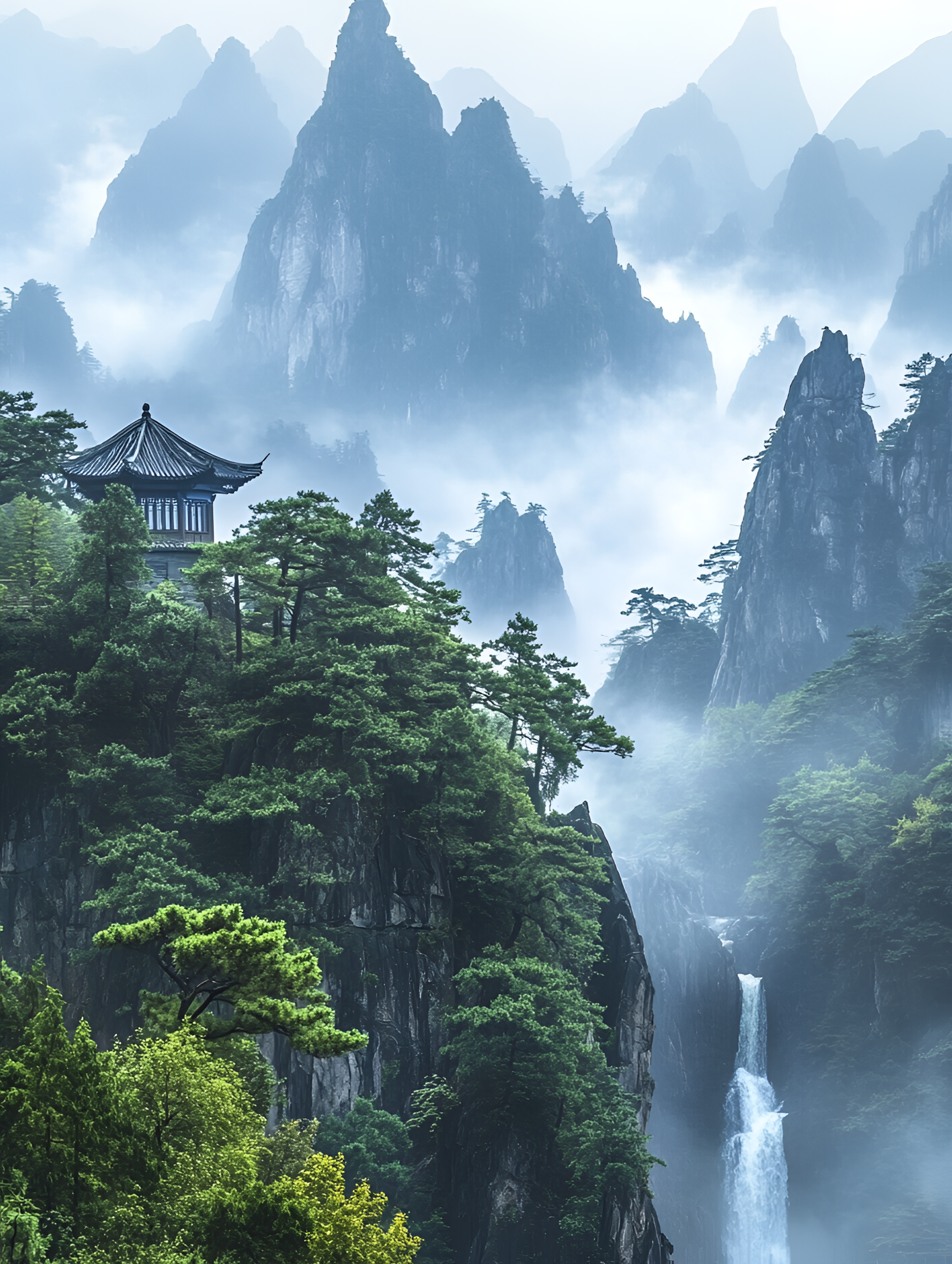 Misty Mountain Landscape with Chinese Pavilion